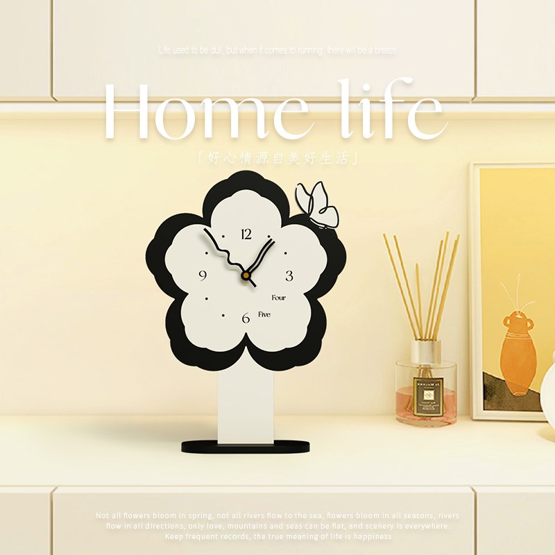 现代简约餐厅创意花朵钟表摆台画ins风小众静音家用时钟摆件座钟
