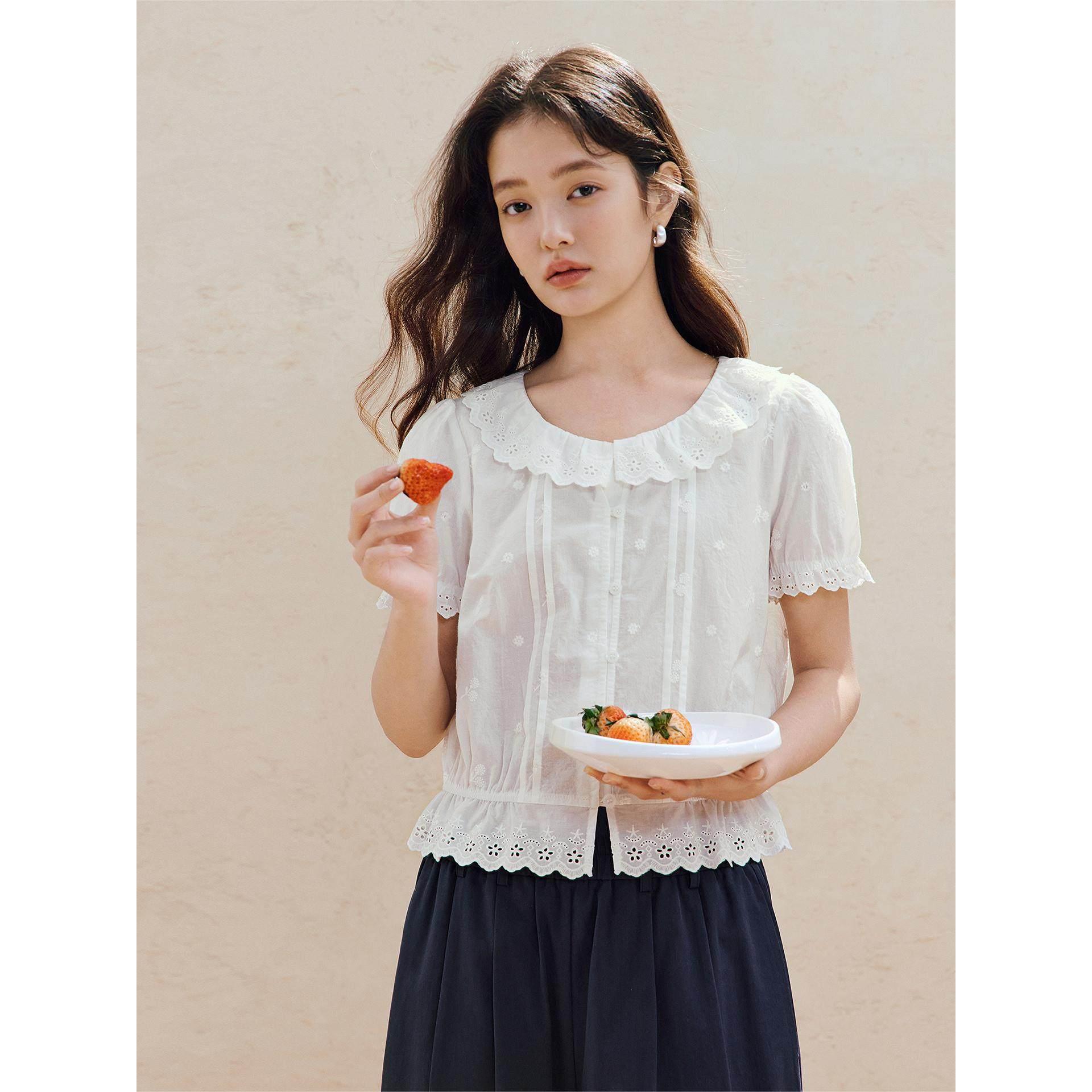 清仓100%新疆棉法式刺绣娃娃领衬衫2026年夏季女装新款泡泡袖上衣