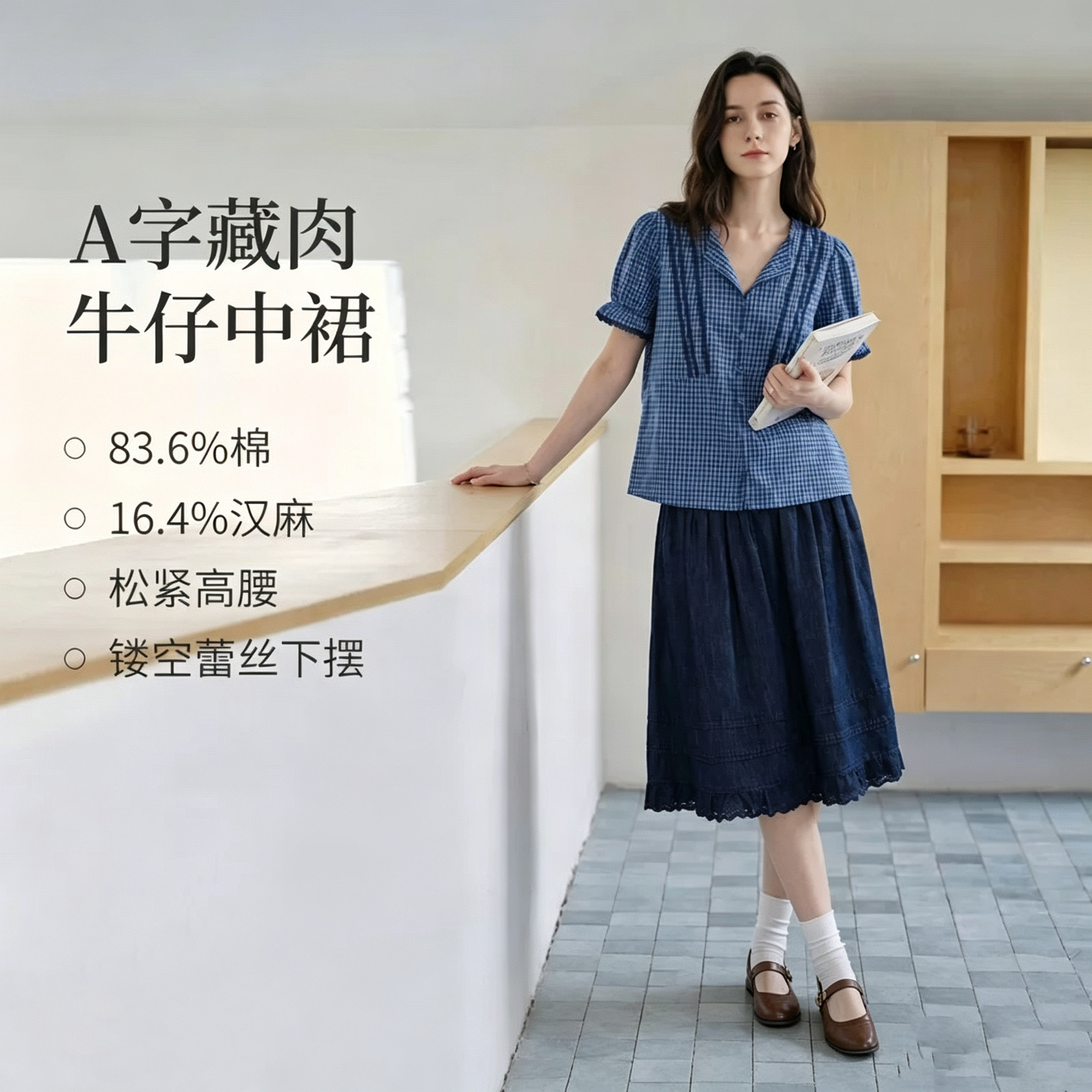 【李兰迪代言】清仓汉麻蕾丝拼接牛仔半身裙女2026夏棉麻高腰半裙