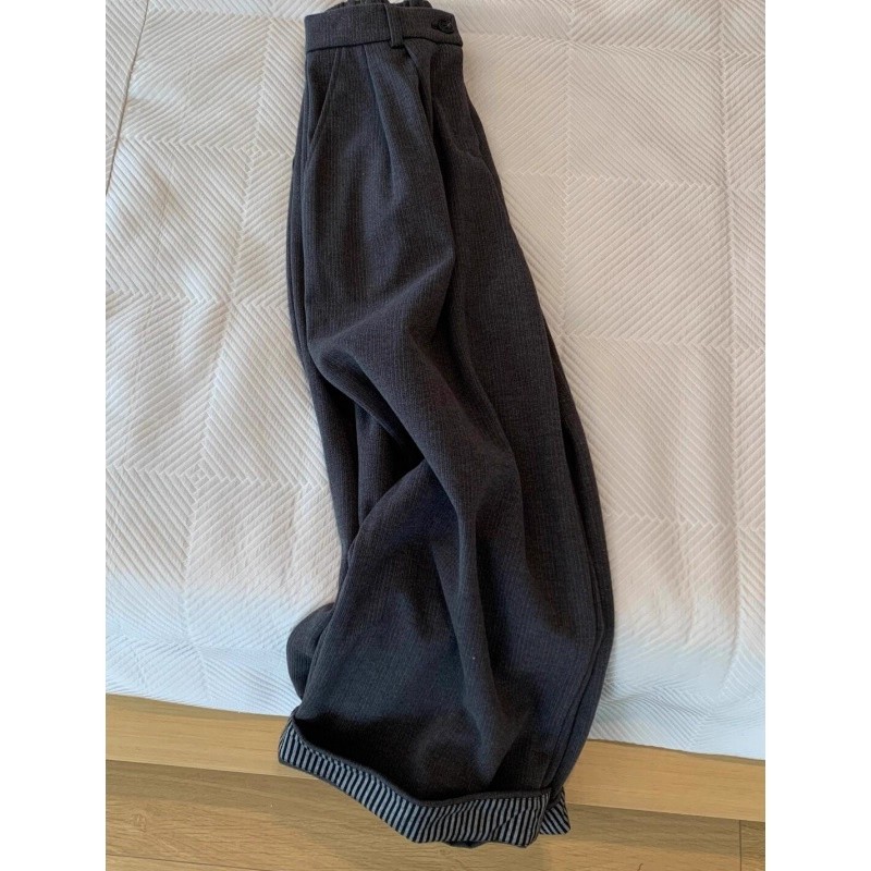 清仓时尚百搭日系毛呢卷边休闲裤女秋冬高腰显瘦宽松直筒阔腿裤