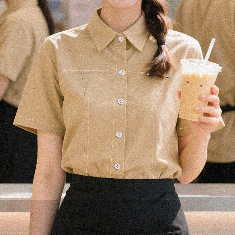 服务员餐饮工作服短袖女工装奶茶火锅饭店餐厅翻领衬衣定制印logo图片