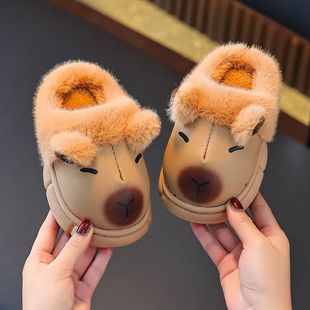 卡皮巴拉儿童棉拖鞋冬季男童女童室内皮面防水中大童小孩宝宝棉鞋