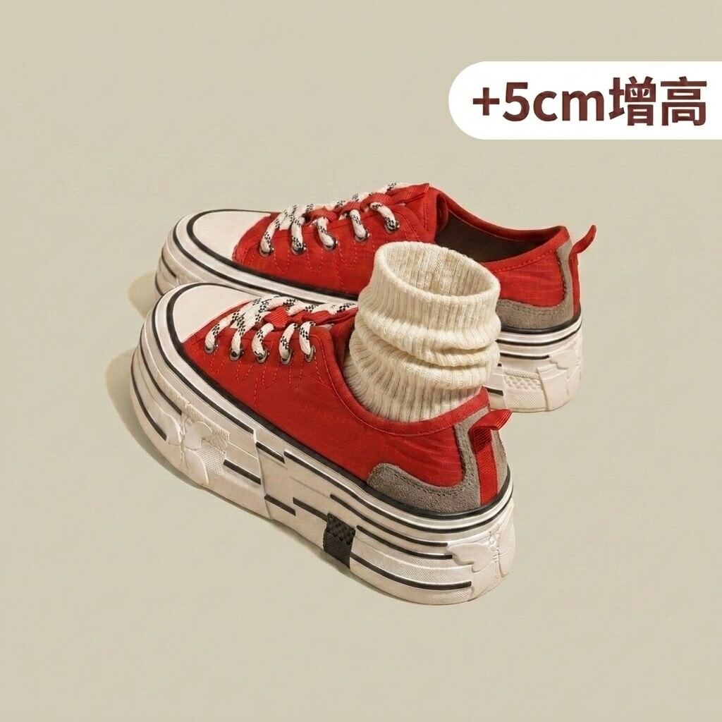 5cm红色内帆布鞋女款2026新款夏季透气厚底百搭小个子休闲板鞋
