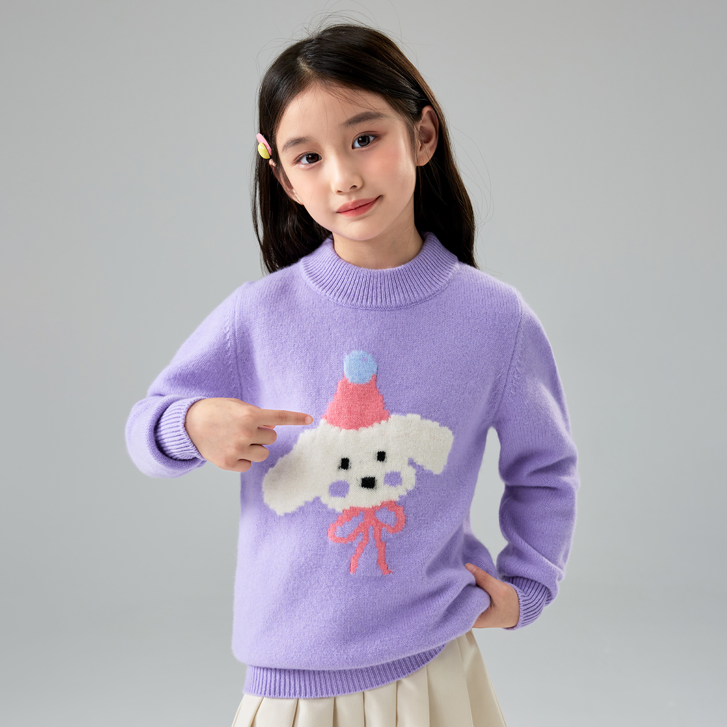 儿童小狗提花100%纯羊毛衫女毛衣