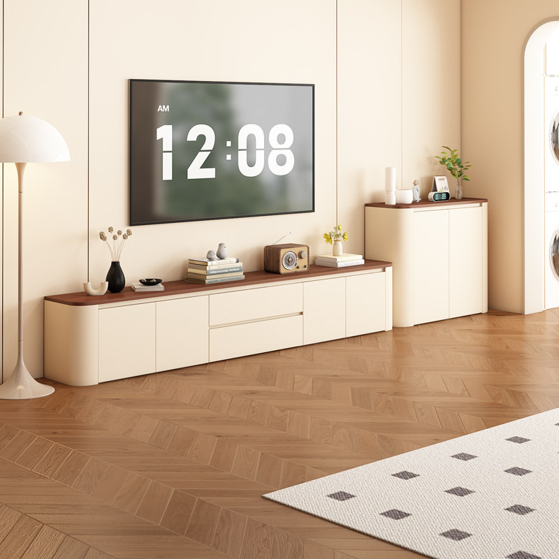 中古风实木落地电视柜收纳储物柜一体小户型客厅家用边柜组合定制