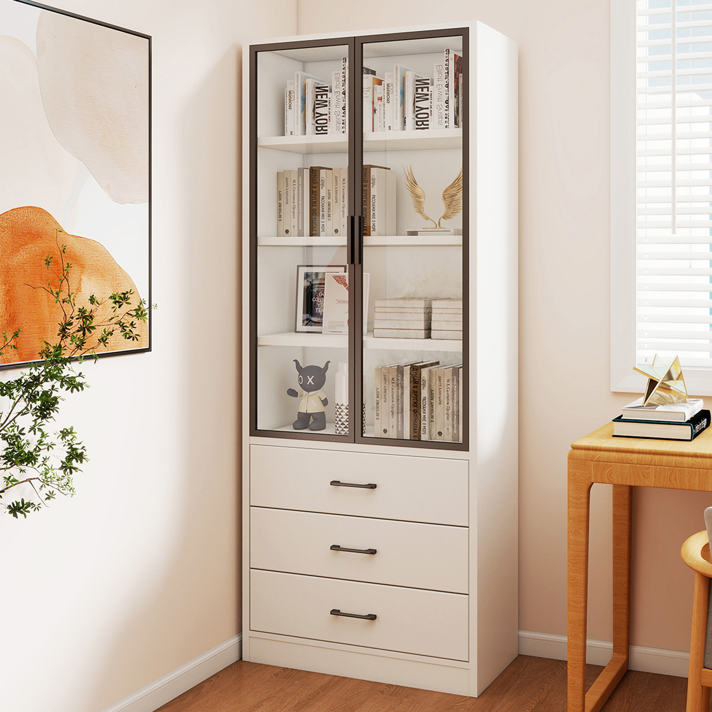 实木落地书架带玻璃门