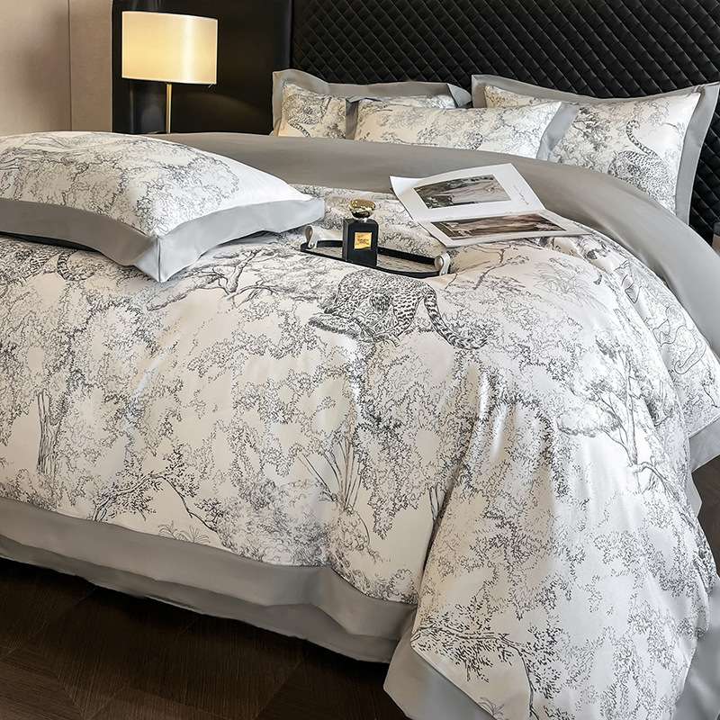 2025浮日家纺新款数码冰丝四件套宽边印花被套直角床单床上用品
