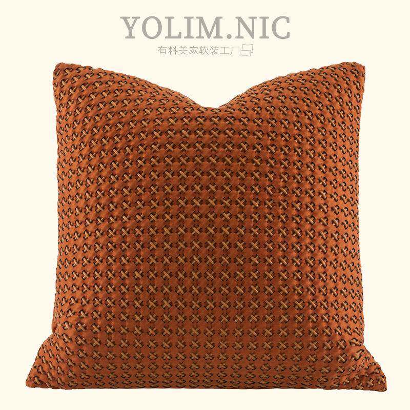 现代轻奢橙色仿皮绒手工编织抱枕客厅沙发靠枕高端样板间装饰靠垫