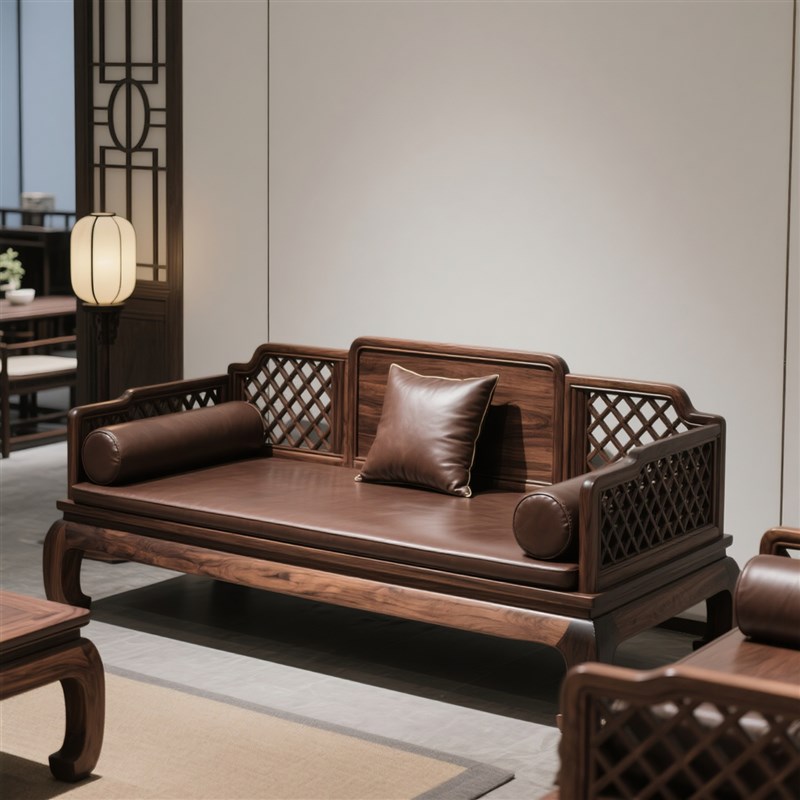 黑胡桃新中式罗汉床客厅三人沙发炕几纯实木双人榫卯现Z代禅意家