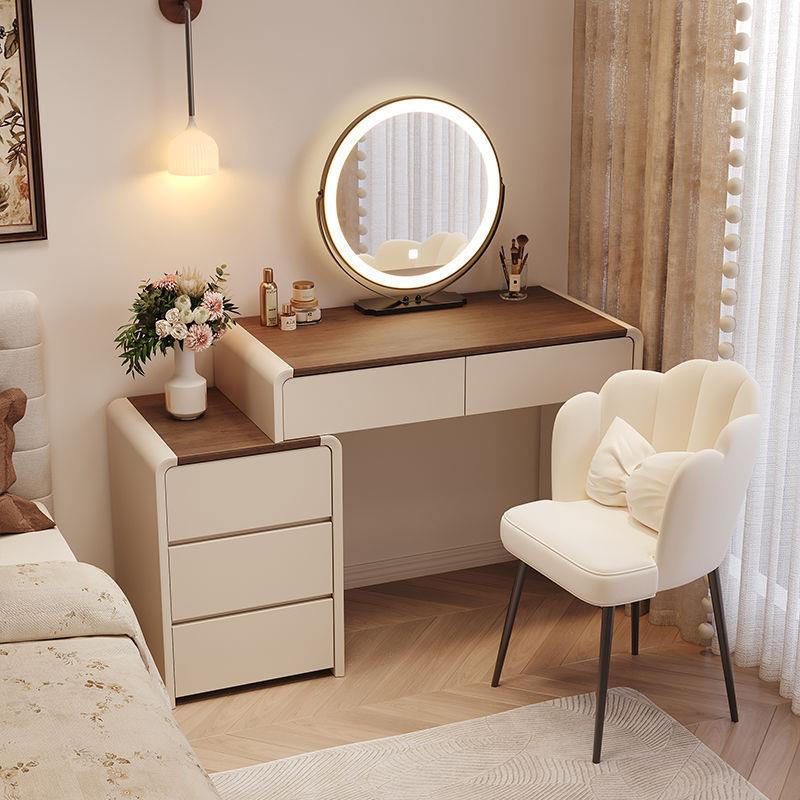 梳妆台现代简约60cm实木卧室小户型中古奶油风床头化妆桌斗柜一体