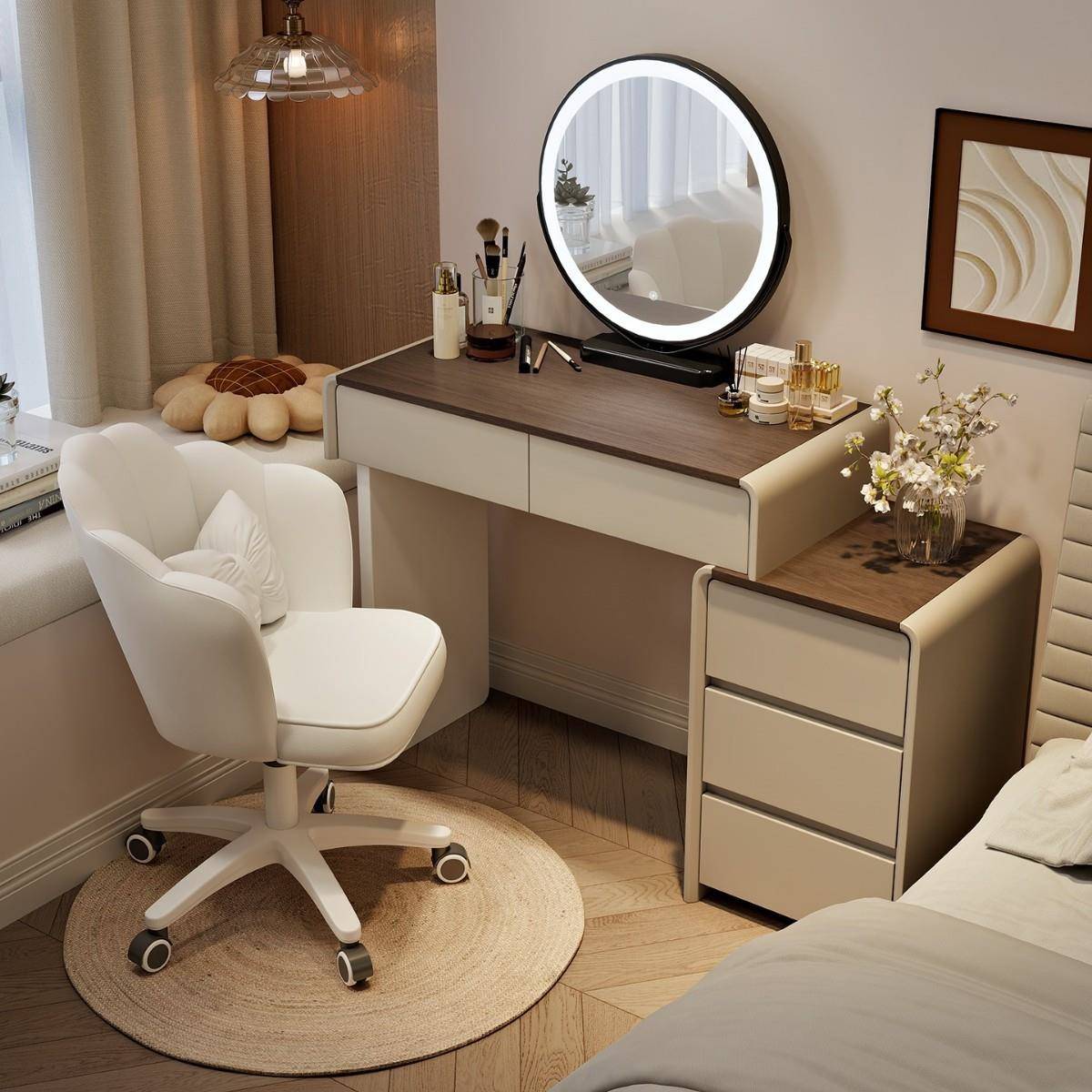 实木小户型梳妆台卧室现代简约2025新款主卧奶油风化妆桌斗柜一体