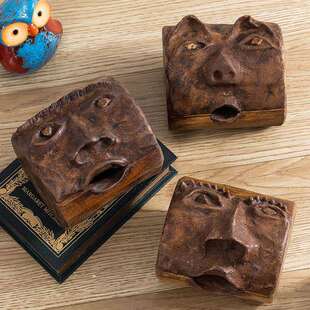 东南亚实木雕刻手工制作人脸造型储物收纳盒桌面玄关创意收纳摆件