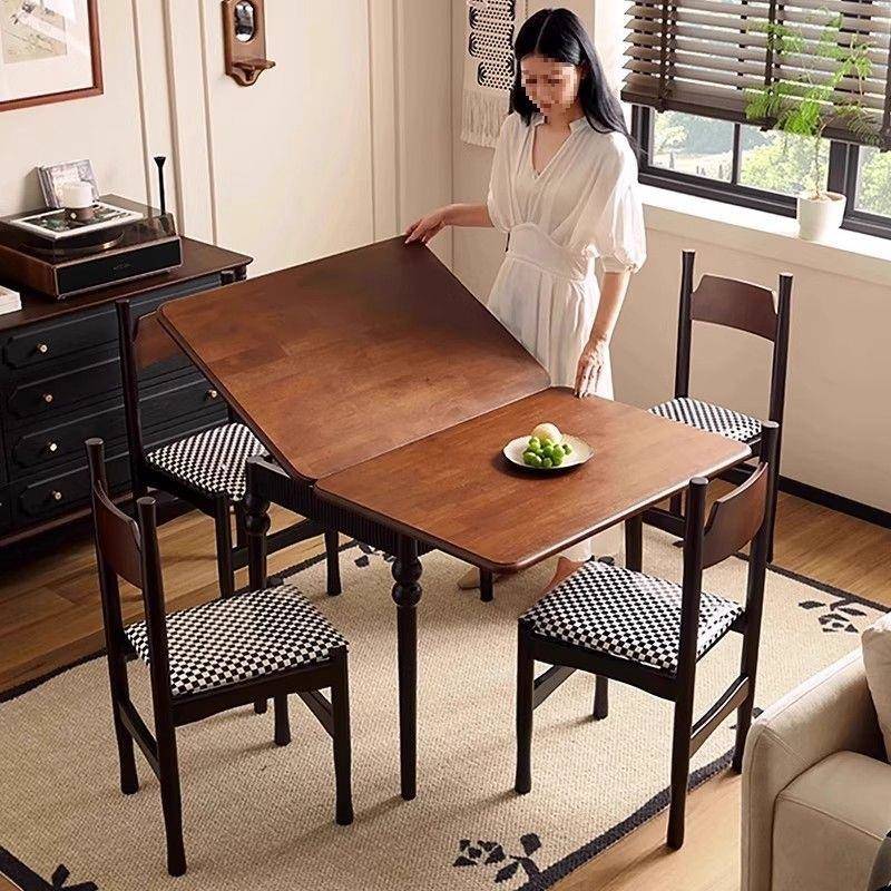 复古中古餐桌椅组合家用靠墙吃饭桌可折叠实木省空间长方形方桌子