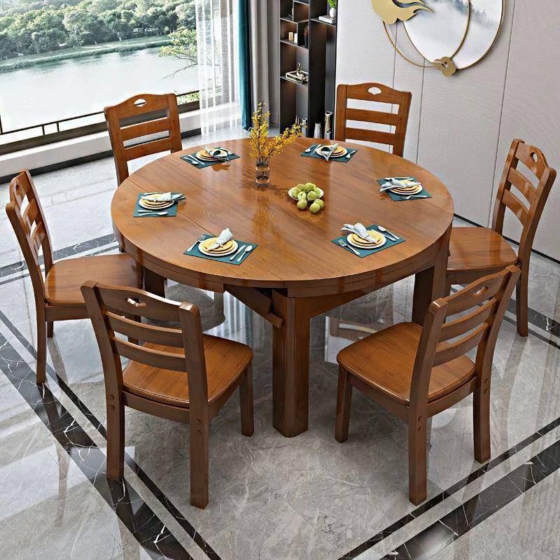 实木餐桌椅组合现代简约餐桌伸缩折叠圆桌小户型6/10人家用饭桌子