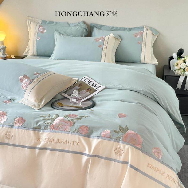 A类60S长绒棉加厚全棉磨毛四件套秋冬轻奢刺绣款纯棉床单床笠款