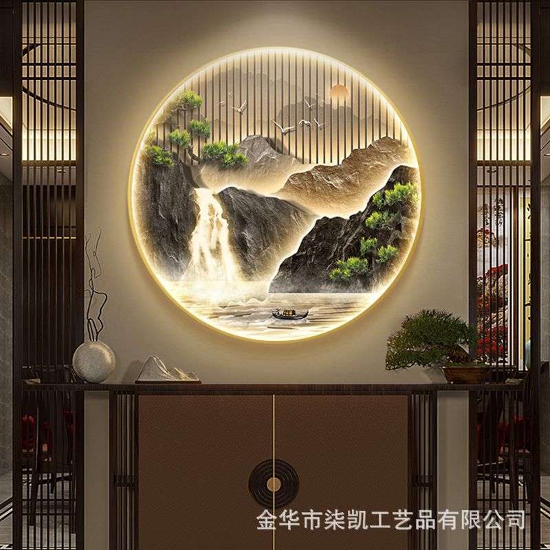 新中式入户门玄关装饰画流水生财圆形山水挂画楼梯走廊过道壁画图片