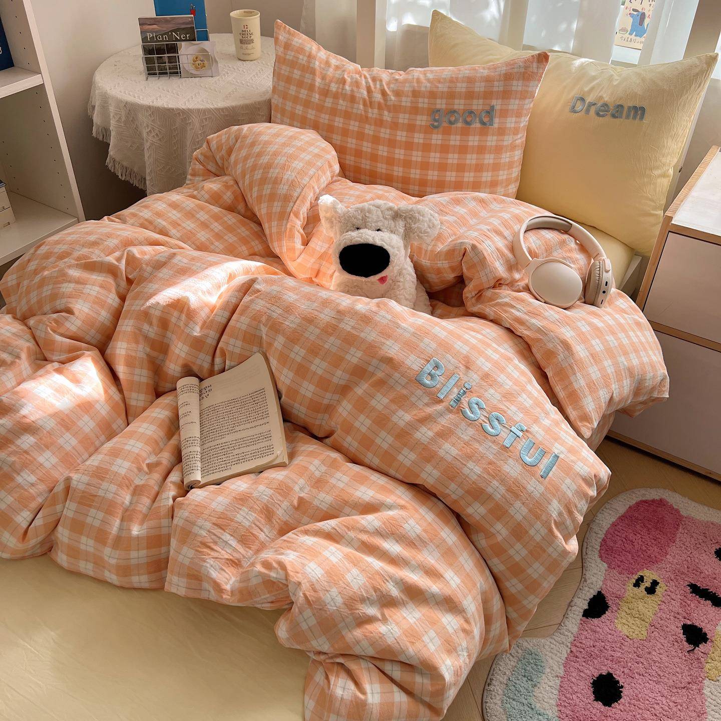 全棉水洗棉刺绣花简约四件套被套床单笠款学生上下铺床用品三件套