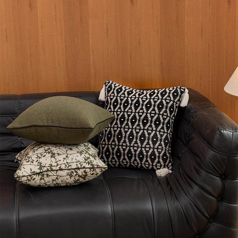 中古南洋风抱枕 法式燕麦奶茶色黑边复古绿客厅沙发腰靠枕