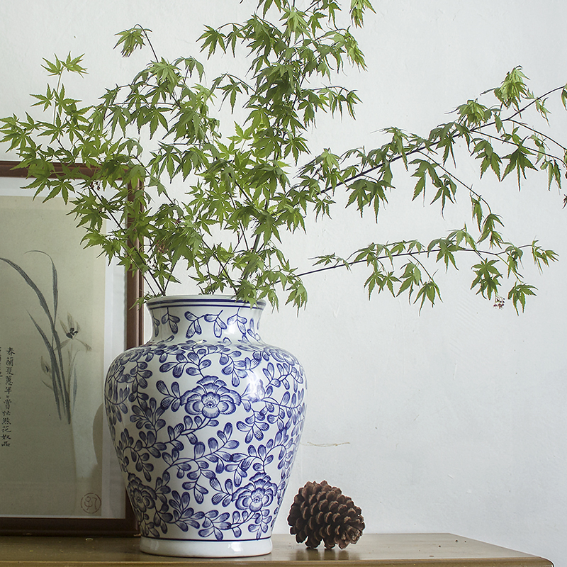 新中式陶瓷花瓶中古青花瓷大肚子大口径瓷瓶M中式青花玄关复古摆