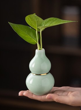 新中式招财葫芦摆件红色陶瓷x家居玄关茶桌面装饰干花插花水培花