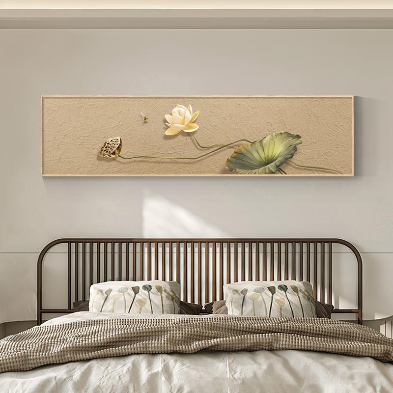 新中式卧室床头装饰画简约高级感荷花客厅挂画横版茶室背景墙壁画图片