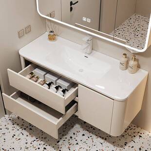 智能洗脸盆组合卫生间洗漱圆角实木陶瓷一体奶油浴室柜