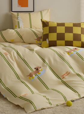 简约绿色条纹爱狗套狗纯棉全棉床被上1.8可m四件宿舍套床单三无品