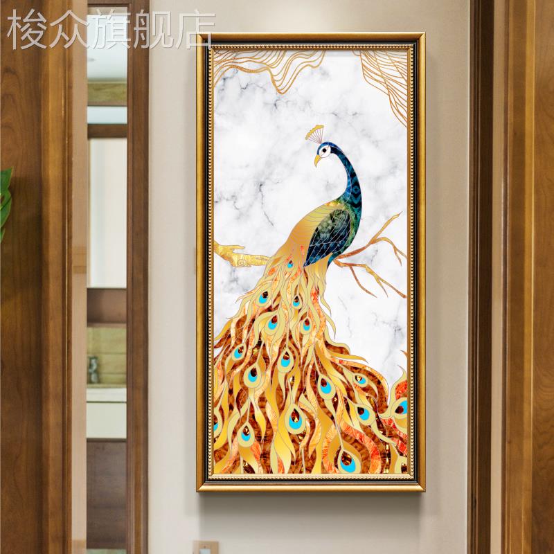 新中式玄关油画欧式装饰画美式艺术挂画入户客厅过道壁画吉祥孔雀图片