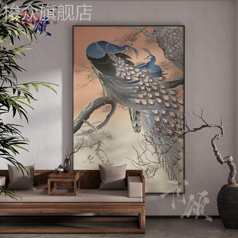 书房茶室新中式古典客厅装饰画中国风孔雀高端大气玄关壁画挂画图片