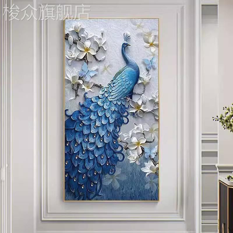尊贵神鸟孔雀入户玄关装饰画现代简约走廊过道晶瓷镶钻高端挂画图片