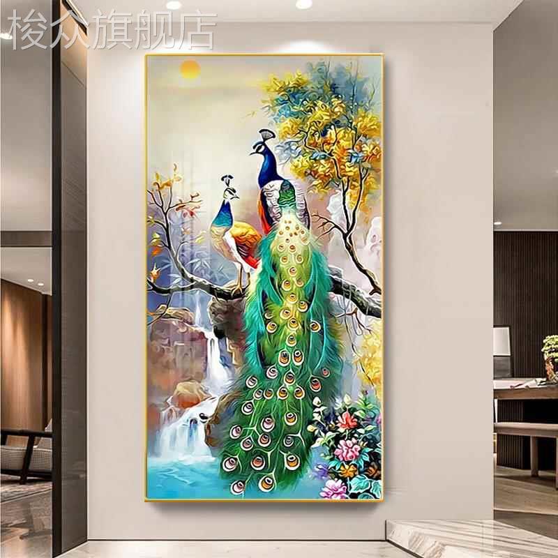 客厅入户门玄关装饰画过道走廊尽头壁画中式孔雀凤凰晶瓷镶钻挂画图片