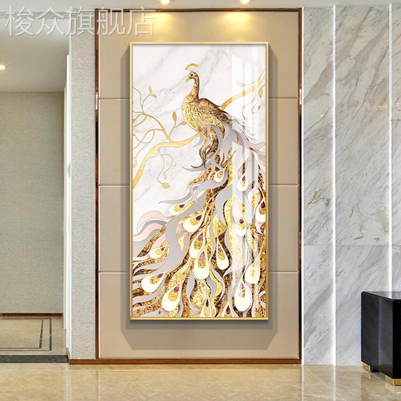 现代简约入户玄关装饰画竖版正对门墙面挂画走廊轻奢风孔雀画壁画图片