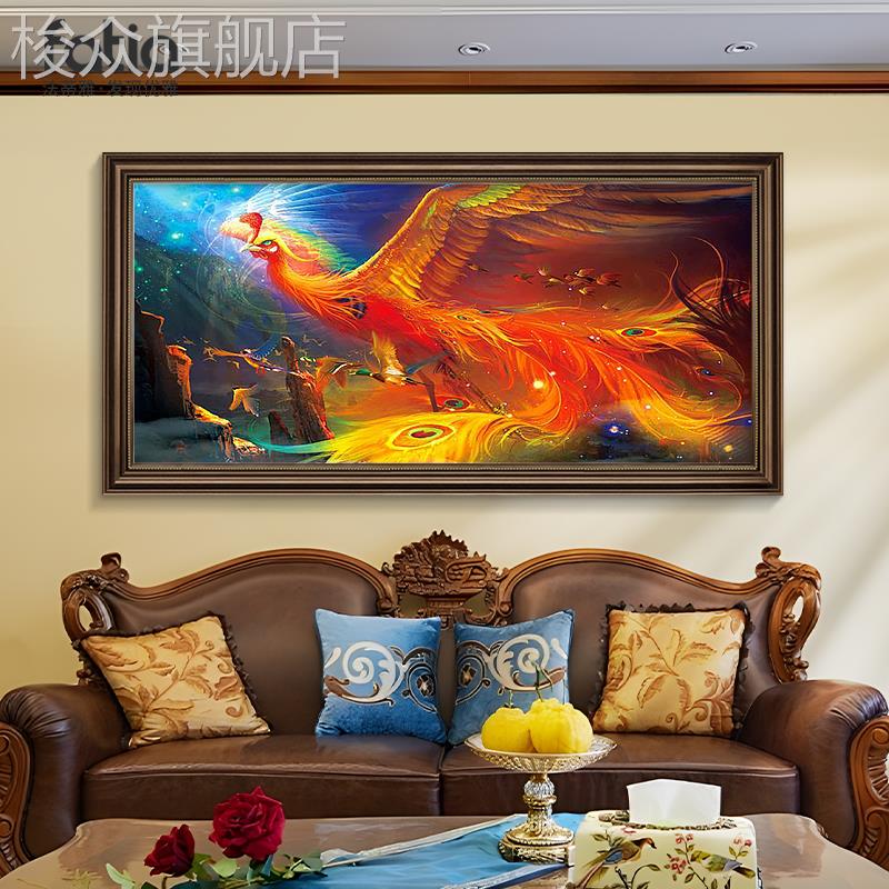 凤凰涅槃装饰画美式玄关壁画欧式客厅沙发背景墙挂画孔雀油画横版图片