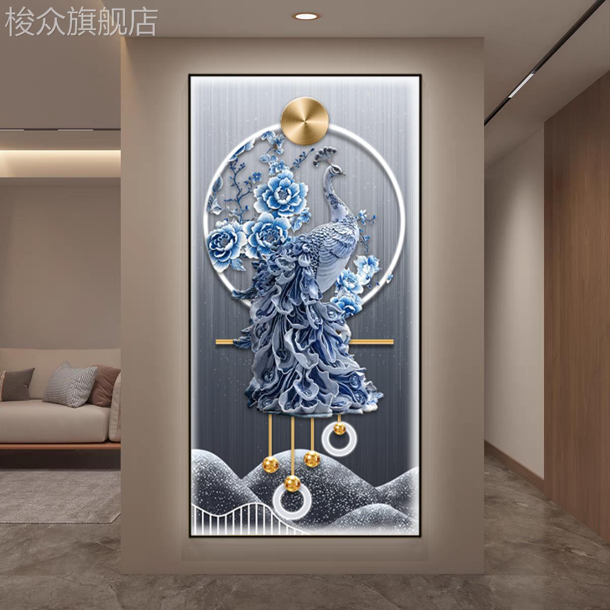 轻奢孔雀入户玄关装饰画青花瓷走廊过道挂画高级感进门正对墙壁画图片