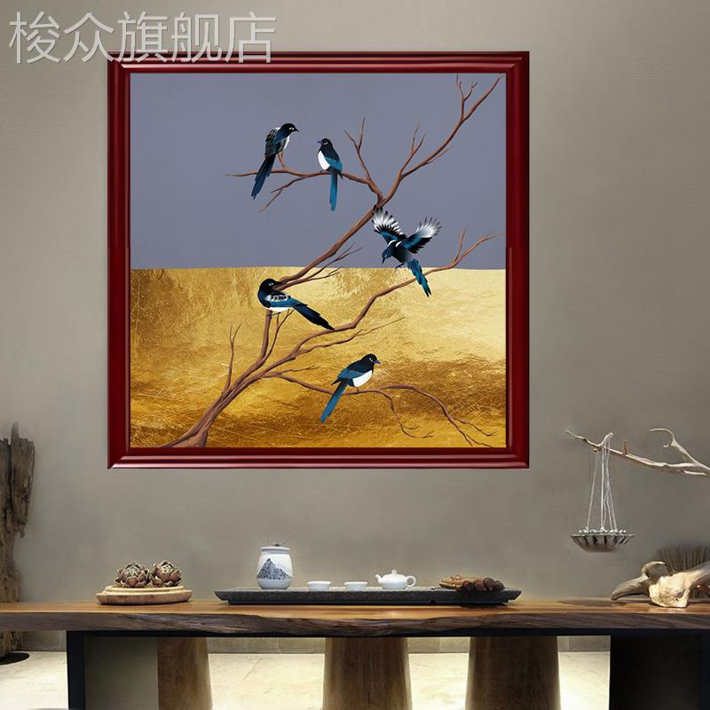 新中式正方形装饰画喜上眉梢客厅茶室花鸟挂画喜鹊报喜实木床头画图片