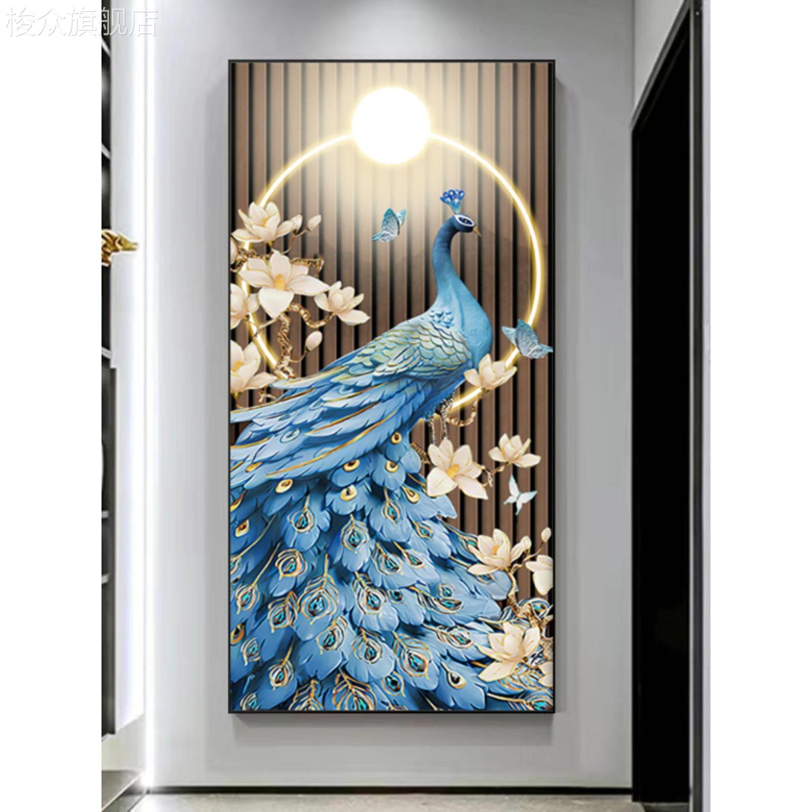 孔雀客厅入户玄关装饰画走廊过道墙壁挂画2023年新款镶钻晶瓷壁画图片