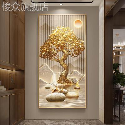 发财树玄关装饰画现代轻奢走廊过道壁画大气山水入户门正对墙挂画