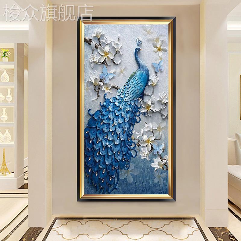 欧式玄关装饰画孔雀现代简约客厅餐厅壁画走廊过道竖版有框挂画图片