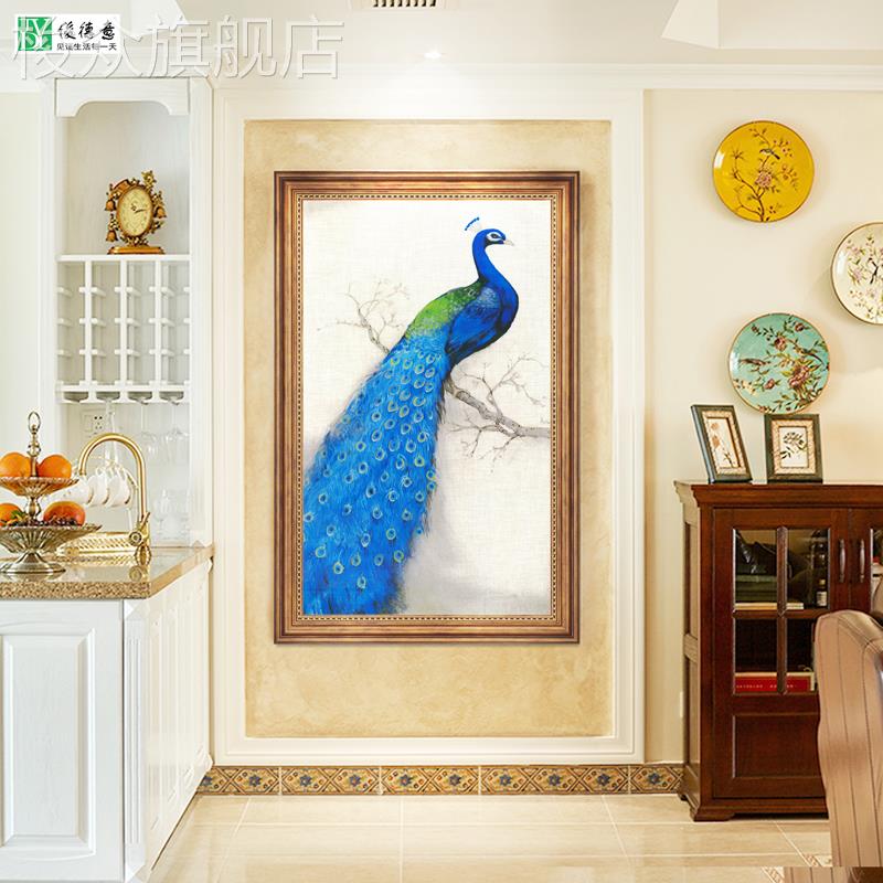 玄关竖版孔雀装饰画单幅美式客厅背景墙壁画欧式餐厅过道走廊挂画图片