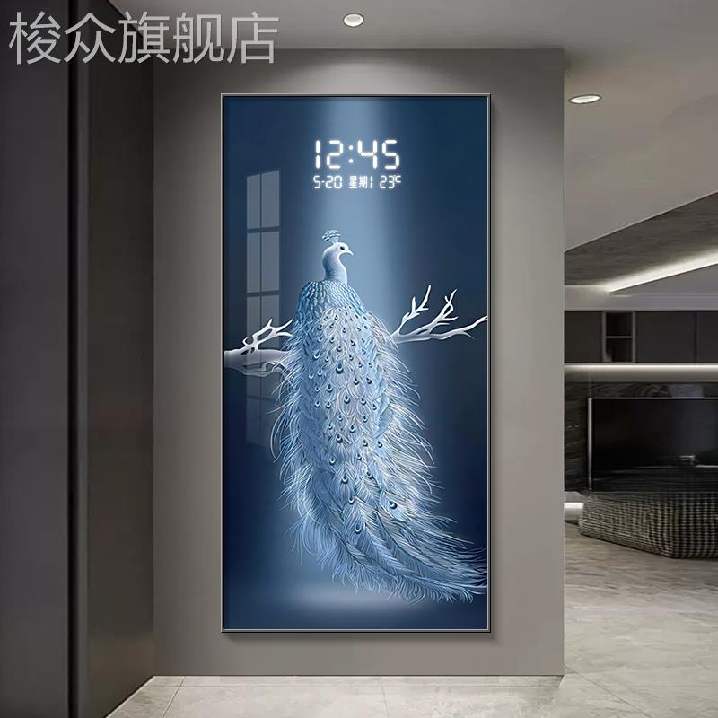 新中式玄关装饰画 划带时钟富贵孔雀电子钟表壁画 划客厅走廊过道图片