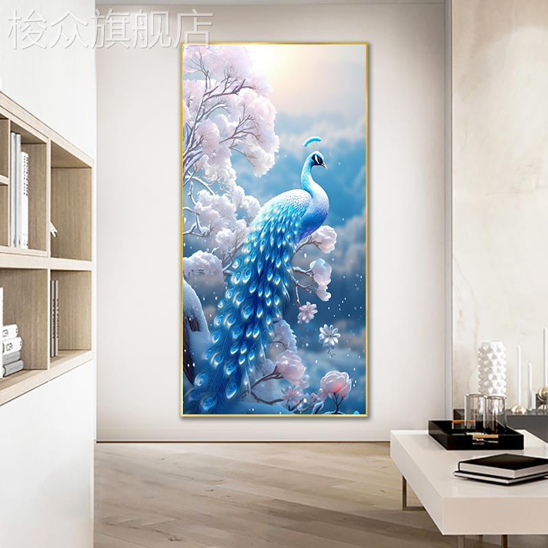 新中式入户玄关装饰画高级感正对门现代走廊过道挂画客厅进门孔雀图片
