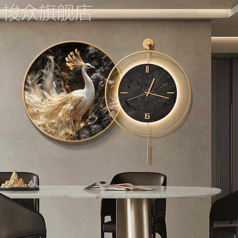 高级感孔雀餐厅装饰画带钟表2025新款饭厅餐桌背景墙挂画客厅壁画图片
