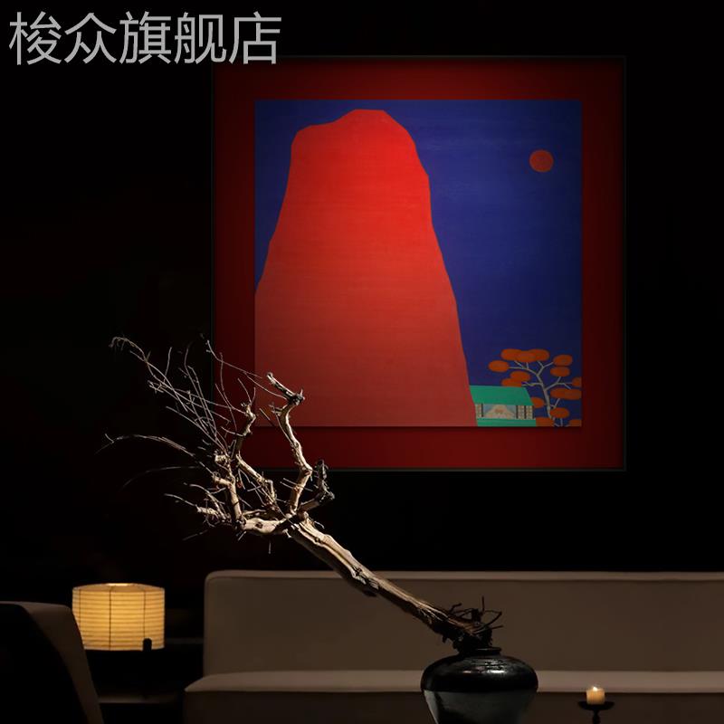 新中式红色山水装饰画软装样板房酒店别墅入户玄关公装人物蓝挂画图片