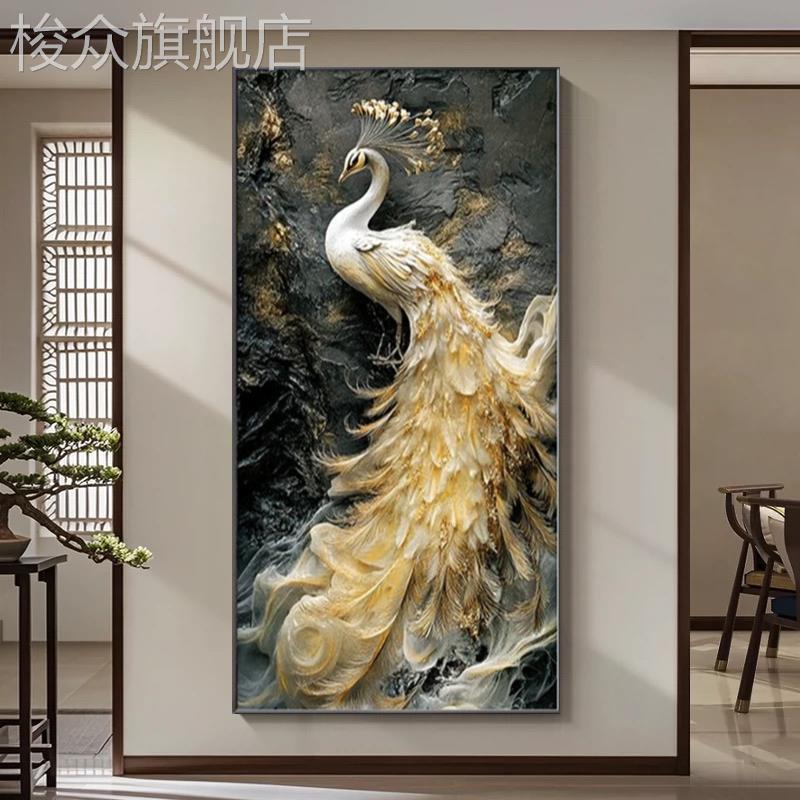 孔雀轻奢入户玄关装饰画led灯画新款高级感晶瓷挂画走廊过道壁画图片