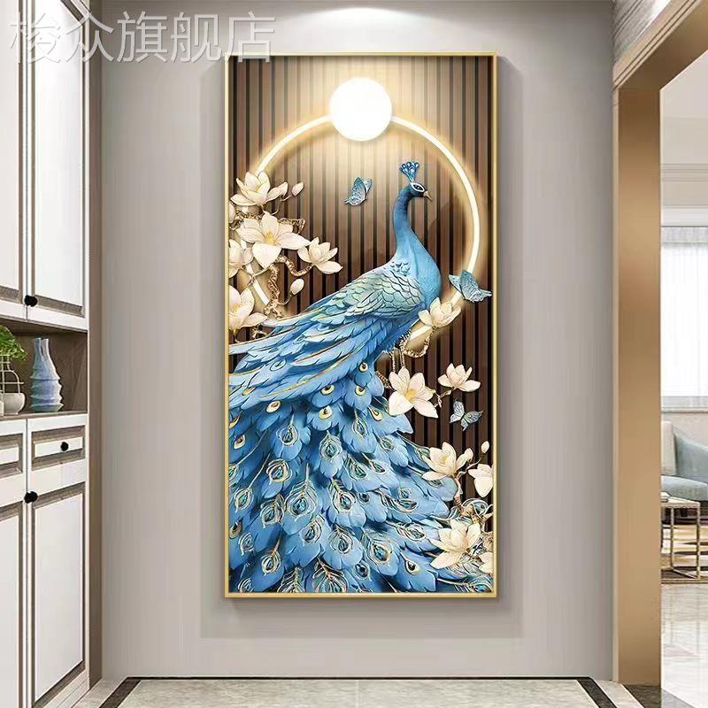 孔雀玄关装饰画入门竖版背景墙壁画轻奢中式走廊过道尽头挂画墙画图片