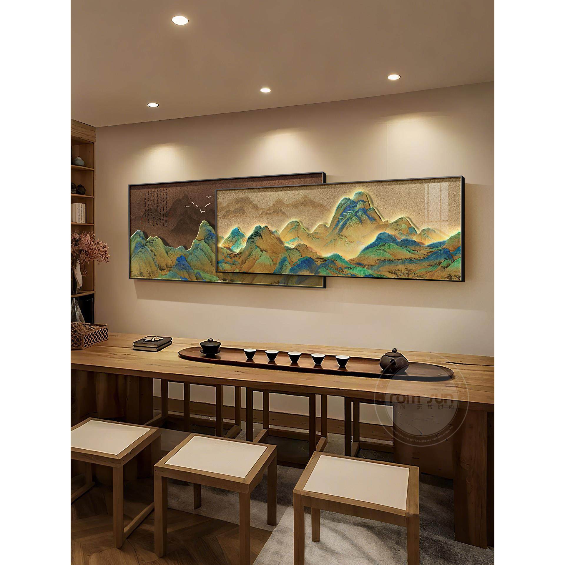 千里江山图茶室装饰画新中式客厅横幅壁画宋代美学沙发背景墙挂画,家居饰品,现代装饰画,淘宝优惠券,粉丝福利购,淘宝优惠卷