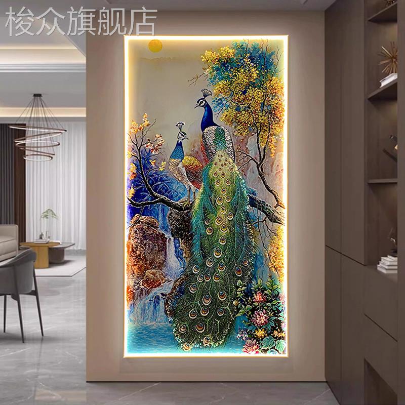 绿孔雀装饰画玄关走廊过道入户门正对挂画现代高端新款镶钻灯光画图片