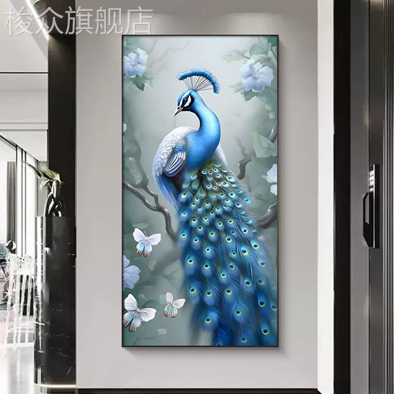 富贵孔雀玄关装饰画新中式客厅过道墙大气竖版壁画LED灯发光挂画图片