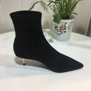 冬季新款STELLA LUNA短靴细跟女靴子羊反绒皮尖头金属跟高跟裸靴