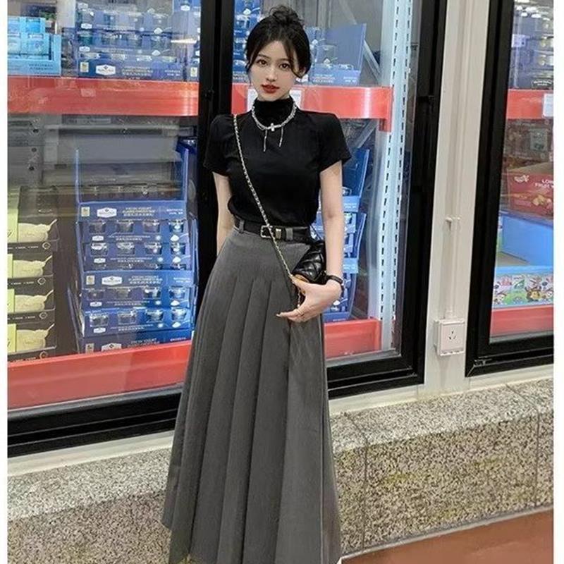 灰色大码半身裙女夏高级感气质西装裙高腰胖mm长裙a字百褶裙